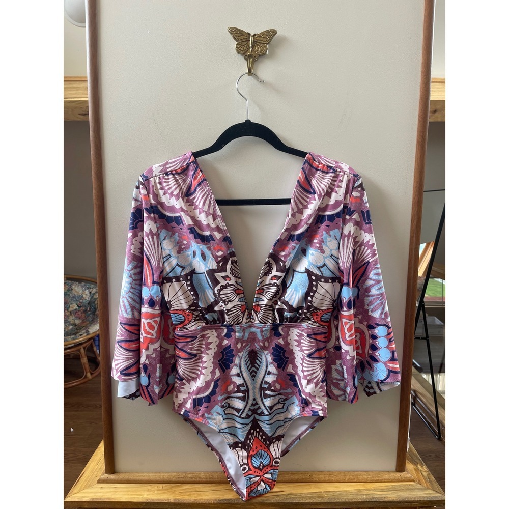 Venus Kimono Sleeve One Piece Swimsuit Mauve Butterfly Print Deep V-Neck Size 8